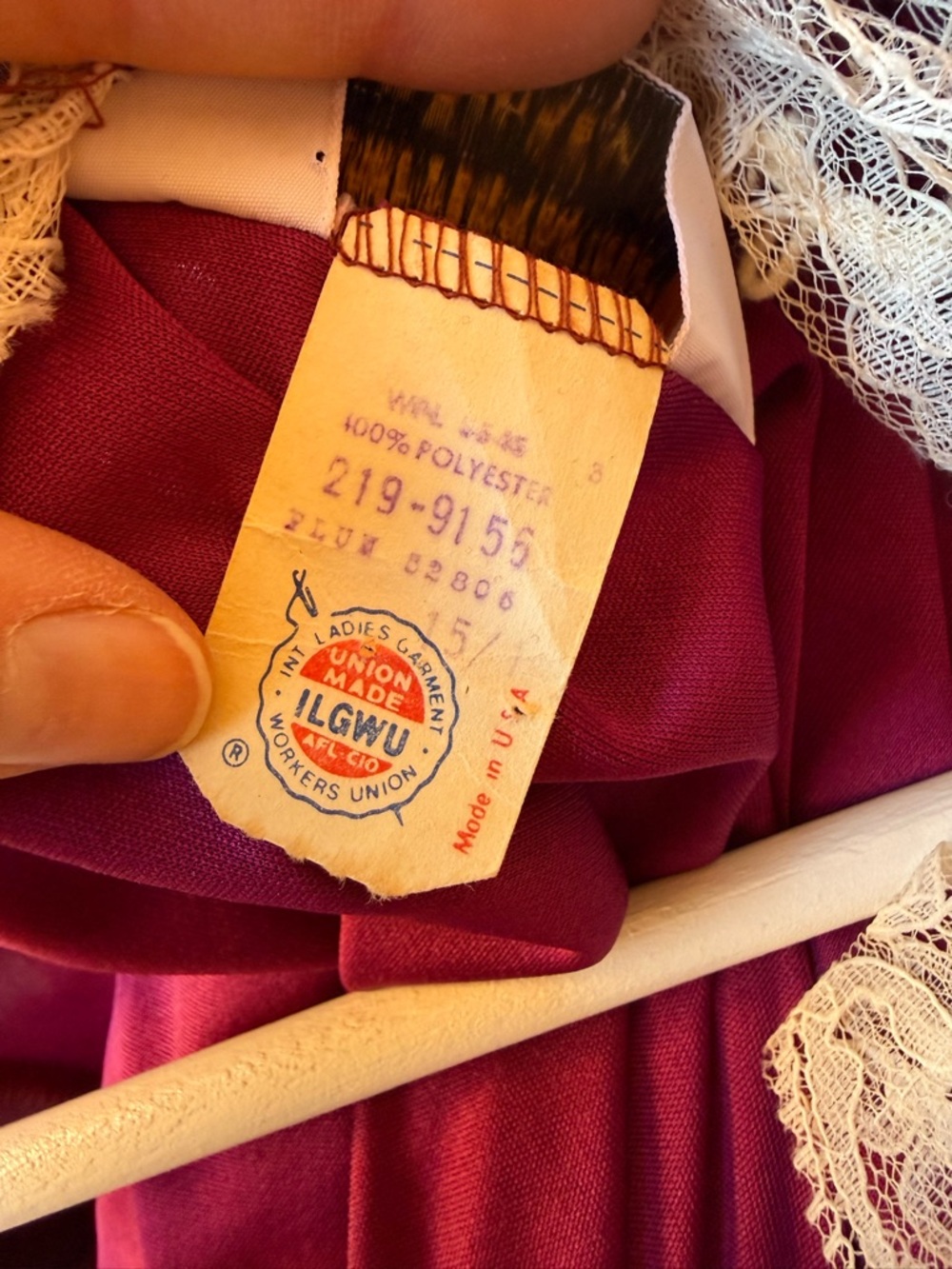 Vtg Wine Lace Collar Midi Dress Fit-Flared Long Sleeve ILGWU Unionmade Dre - Picture 10 of 12